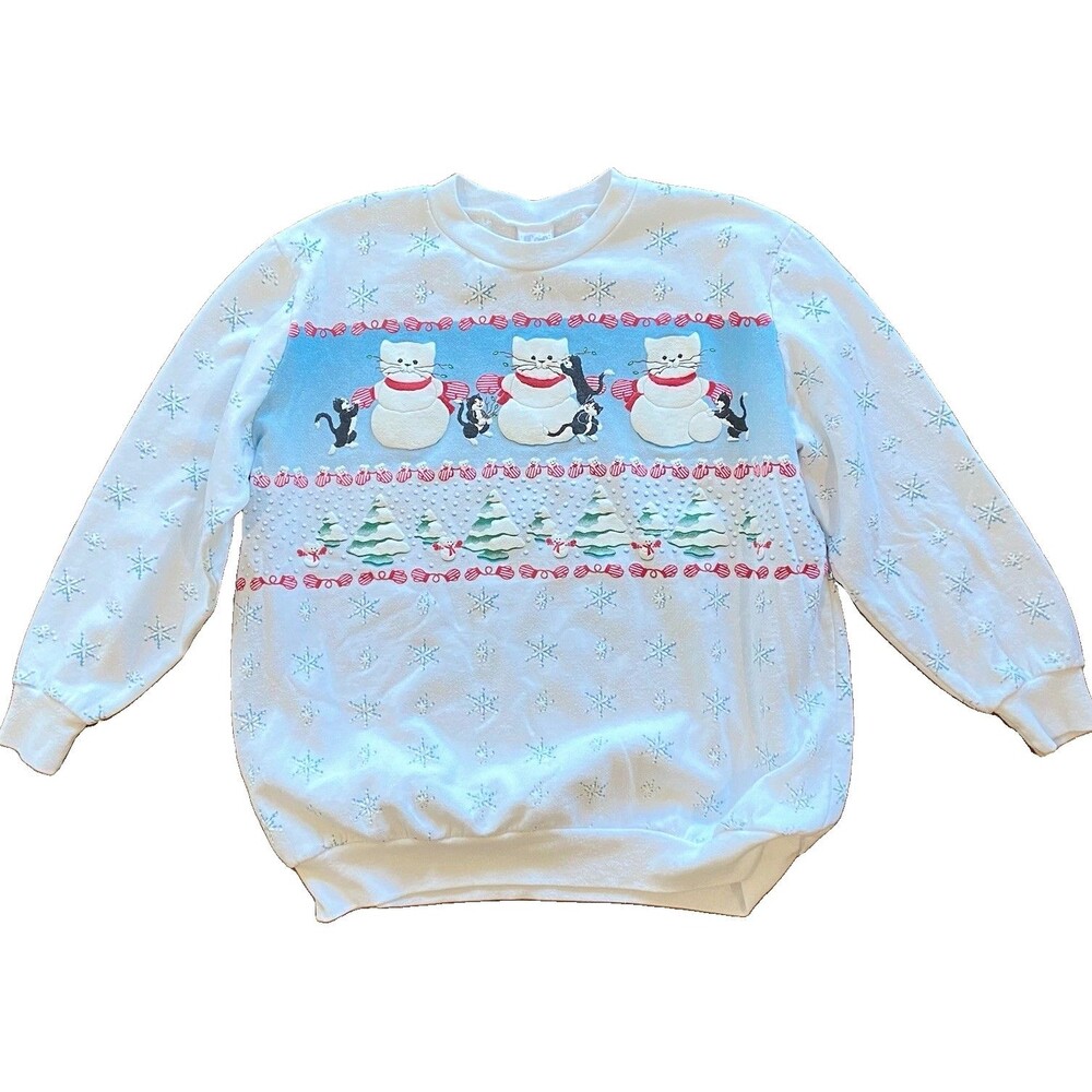 Vintage 90s Scoop by Spumoni Cats Snowmen Christmas Sweatshirt L USA Made
